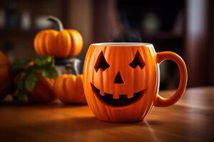 Halloween coffee pumpkin cup with a hot drink, and steam a festive banner for a cafe with a copy space. Generative Ai. photo