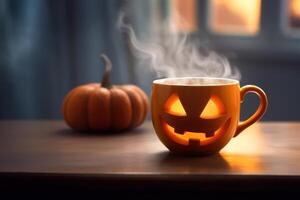 Halloween coffee pumpkin cup with a hot drink, and steam a festive banner for a cafe with a copy space. Generative Ai. photo