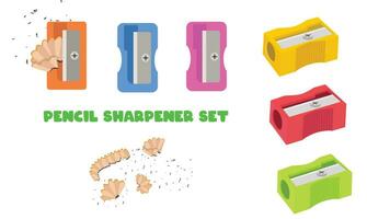 Pencil sharpener vector set. Object with a blade inside to make a pencil sharp. Pencil shavings. Pencil waste. Back to school concept. School supplies vector. Flat and 3D vector in cartoon style.