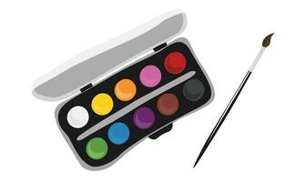 Watercolor paint box with paint brushes vector illustration. Watercolor paint box with colorful round paint pots. Back to school concept. School supplies collection. Art concept. Cartoon Doodle style