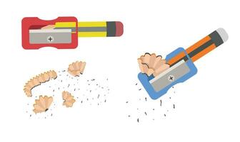 Pencil sharpener vector set. Object with a blade inside to make a pencil sharp. Pencil shavings. Pencil waste. Back to school concept. School supplies vector. Flat and 3D vector in cartoon style.