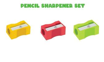 Pencil sharpener vector set. Object with a blade inside to make a pencil sharp. Pencil shavings. Pencil waste. Back to school concept. School supplies vector. Flat and 3D vector in cartoon style.