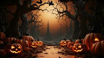 Halloween pumpkins in the graveyard on the spooky Night. Halloween background concept. Generative Ai. photo