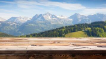 Wooden desk of free space for your decoration and summer landscape of beach. Generative Ai. photo