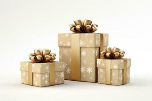 Navidad regalo cajas, regalos con dorado arcos y cintas aislado blanco antecedentes. generativo ai. foto