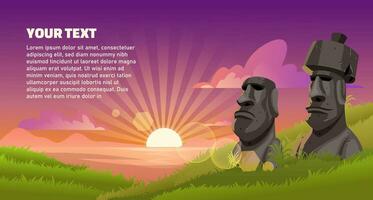 paisaje ilustración escena de moai estatuas en Pascua de Resurrección isla a puesta de sol vector