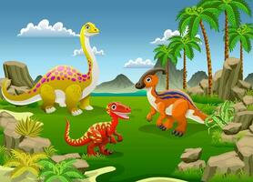 Cartoon Dinosaurs in Landscape In The Forest Pre Historic Era vector