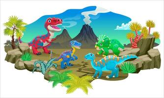 Cartoon Dinosaurs in the prehistoric volcano nature vector