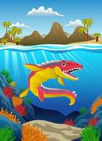 Happy Cartoon Mosasaurus Dinosaurs In Prehistoric Underwater scene Illustration vector