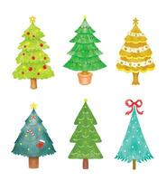 Set of Hand drawn watercolor Christmas tree decorated vector