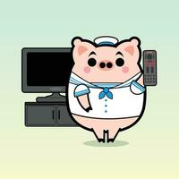 Pig Watching TV Cartoon Character Free Vector Illustrations