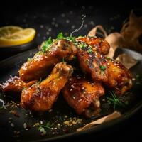 Baked chicken wings served with different sauces and lemon. Black background. Generative Ai. photo