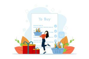 en línea compras concepto, grande elección, Internet comercio, producto clasificación, mercado lugar, cliente revisar. mujer agregando producto a lista de deseos en en línea tienda. vector ilustración en plano diseño.