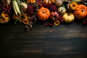 Top view pumpkins, gourds on wooden table. Thankgiving Day banner design. photo