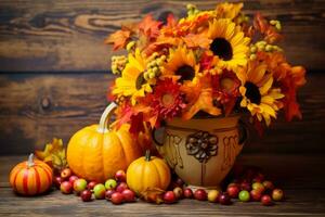 Thanksgiving in vase decor with pumpkins, sunflowers. photo