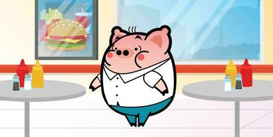 Cartoon Pig In Restaurant Digital Artwork vector