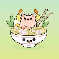 Pig with Ramen Cartoon Character Free vector Illustrations