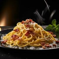 Carbonara pasta, spaghetti with pancetta, egg, hard parmesan cheese and cream sauce. Traditional italian cuisine. Pasta alla carbonara. Generative Ai. photo