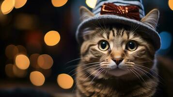 Close-up portrait of a cute cat in a red Santa Claus hat among burning lights on the background of a winter snowy landscape. New year party. Snowflakes in the air. Generative Ai. photo