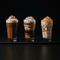 Tasty ice coffee with milk , cold drink in glass on dark background.Genrative Ai. photo