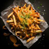 Belgian Fries with Sauce Andalouse and frikandel. Generative Ai. photo
