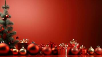 Navidad composición. Navidad rojo decoraciones, abeto árbol ramas en rojo antecedentes. generativo ai. foto