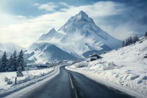 winter road and trees with snow and alps landscape. Generative Ai. photo