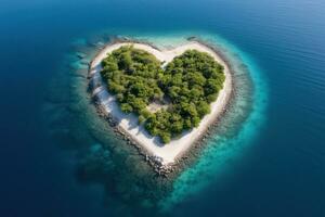 Tropical island in the shape of heart. Aerial view. 3D illustration. Generative Ai. photo