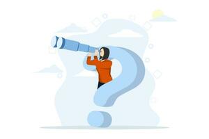 Curiosity concept exploring the unknown, looking for solutions or new business opportunities, curious businesswoman with big question mark looking through binoculars for new business ideas. vector