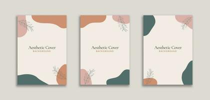 Set of 3 Aesthetic Abstract Background A4 with Orange Green Pink Pastel Blob and Leaf Object. Dynamic style for banners, cover book, booklet, pamphlet, posters, frame, borders, presentations, flyers vector