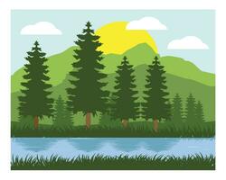 pine forest and lake cartoon vector