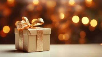 Gold giftbox on bokeh background. Generative Ai. photo