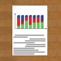 Document with 3d chart. Report development analytics, infochart with red curve, vector illustration