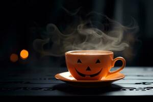 Halloween coffee, pumpkin cup with a hot drink and steam on a black scary background, a festive banner for a cafe with a copy space. Generative Ai. photo