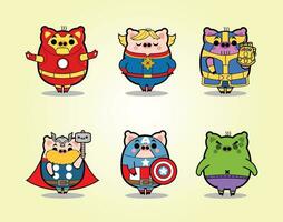 Pig Super Hero Cartoon Character Set Free Vector Illustrations