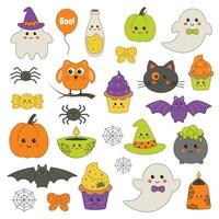 Halloween vector elements and characters collection - pumpkins, ghosts, owl, cat, candies, candles, bat, spider. Decorative elements for cards, invitation, party attributes. Cute childish style.