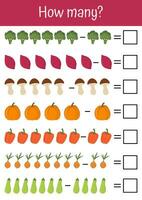 Playful worksheets for kids, mathematical games. Colorful educational materials to practice addition, subtraction, logic. Suitable for preschools, kindergartens. Vegetables and fruits mathematic list. vector