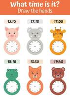 Telling time worksheet for preschool kids to identify the time. Clock faces with funny animals. Kids preschool playing, learning activity. Educational task for the development of logical thinking. vector