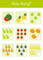 Colorful vector illustrations for playful math learning addition, subtraction, counting. Suitable for early child development and homeschooling, kindergartens. Vegetables and fruits mathematic lists.