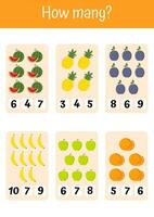 Playful worksheets for kids, mathematical games. Colorful educational materials to practice addition, subtraction, logic. Suitable for preschools, kindergartens. Vegetables and fruits mathematic list. vector