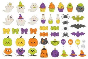 Halloween vector elements and characters collection - pumpkins, ghosts, owl, cat, candies, candles, bat, spider. Decorative elements for cards, invitation, party attributes. Cute childish style.