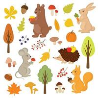 Set of autumn elements, cute forest animals, falling leaves, pumpkins, mushrooms, berries. Bunny, squirrel, hedgehog, bear, mouse. Collection for scrapbook, card, poster, stickers. Cartoon childish. vector