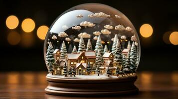 Snow Globe Christmas Magic Ball with Christmas tree and blurred lights on the background. Generative Ai. photo