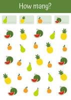 Learning mathematic with colorful and interesting math worksheets. Playful exercises in counting, logic games for preschool education and pedagogic use. Vegetables and fruits mathematic lists. vector