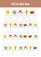 Fill in the box. Decode encode picture. Printable worksheets activities preschool education, kindergarten, homeschooling, pedagogical purpose. Logical game early cognitive development. Autumn objects. vector