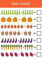 Colorful interesting math exercises for children, playful worksheets, addition, subtraction, counting. Suitable for preschool education, pedagogic purposes. Vegetables and fruits mathematic lists. vector