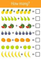 Colorful, playful math worksheets for early child development, addition, and subtraction exercises for preschool education,  pedagogic use. Vegetables, fruits mathematic lists. Counting, how many game vector