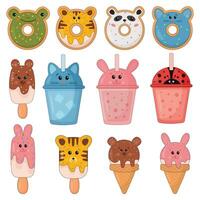 Collection of cheerful, friendly ice cream and sweets animal shaped characters. Kawaii smiling donuts, ice cream, lemonade, drinks. Dessert set for t-shirt print, stickers, greeting card design. vector