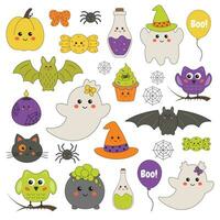 Víspera de Todos los Santos vector elementos y caracteres colección - calabazas, fantasmas, búho, gato, dulces, velas, murciélago, araña. decorativo elementos para tarjetas, invitación, fiesta atributos linda infantil estilo.