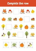 Complete the row. What comes next. Patterns by adding missing element. Worksheets activities for schooling, early education. Kindergarten logic kid lessons, skill play puzzle for kids. Autumn objects. vector